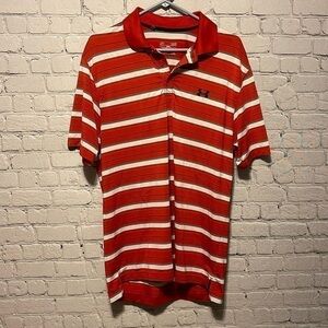 𝅺UNDER Armour Heat Gear Polo Size Large Striped Red White Short Sleeve